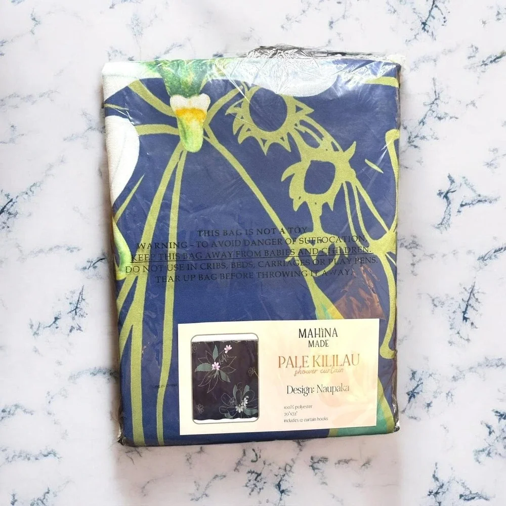 Mahina Made pale kīililau shower curtain NEW &‎ unopened.